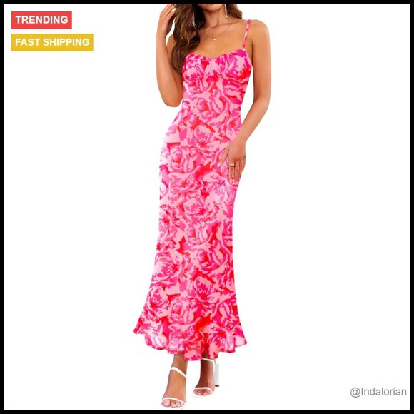 Dresses & Skirts - Floral Maxi Dress Sleeveless Square Neck Bodycon Boho Beach Summer Chic